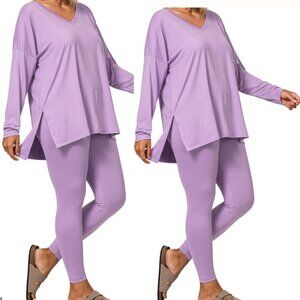 V‑Neck Long‑Sleeve Loungewear Leggings Set – Buttery Soft Brushed DTY Microfiber